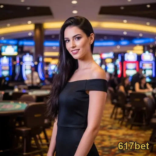 Dealer ao vivo na 617bet em um cassino com slot machines.