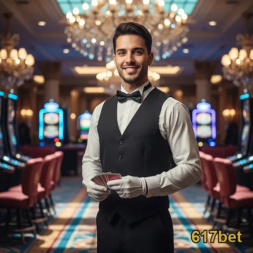 Dealer sorridente em cassino da 617bet com máquina de slot ao fundo.
