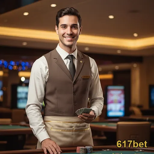 Atendente sorridente em cassino exclusivo da 617bet.