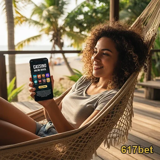 Usuária desfrutando jogos ao vivo do 617bet em smartphone.