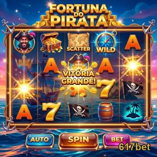Tela do jogo Fortuna do Pirata na 617bet com símbolos destacados.