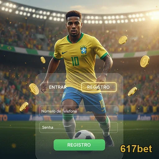 Aposta no 617bet com jogador em campo e interface de registro.