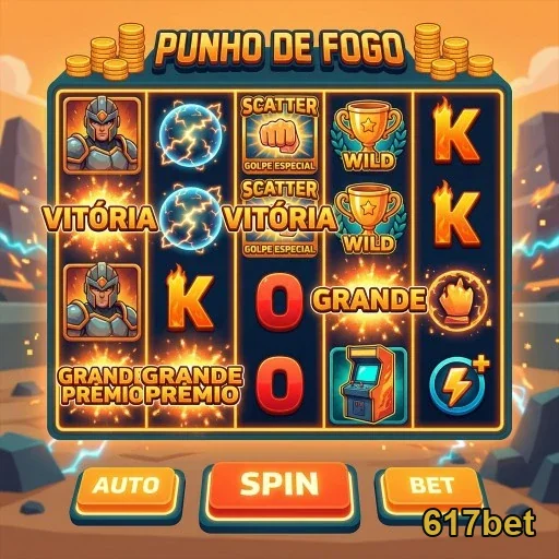 Interface do jogo 'Punho de Fogo' na 617bet com símbolos gráficos.