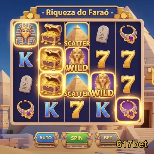 Tela do slot 'Riqueza do Faraó' na 617bet, com símbolos e recursos.