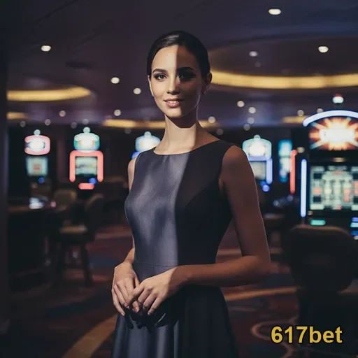Dealer ao vivo no cassino 617bet com mesas iluminadas ao fundo.