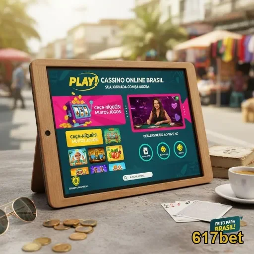 Tablet mostrando acesso seguro à 617bet com jogos e dealer ao vivo.