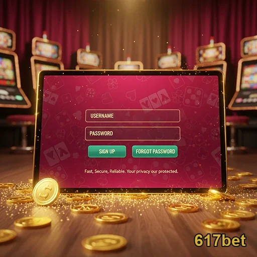 Tela de login da 617bet com símbolos de cassino ao fundo.